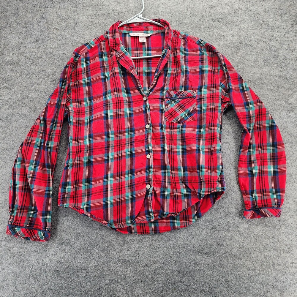 Victoria Secret Pajama Shirt Womens Small Button Up Long Sleeve Red Plaid